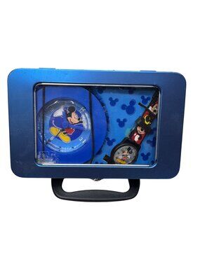 Mickey Mouse Alarm Clock & Wrist Watch Set~in Lunch Box Style Case Blue READ